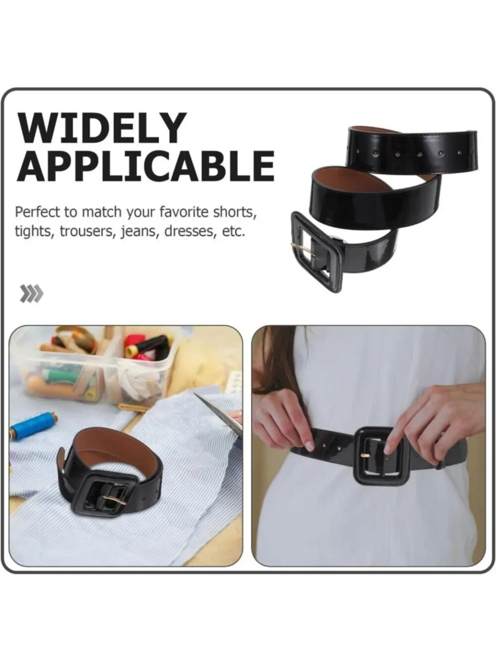 Vintage Black Patent Leather Wide High Waist Belt with Square Buckle for Dresses